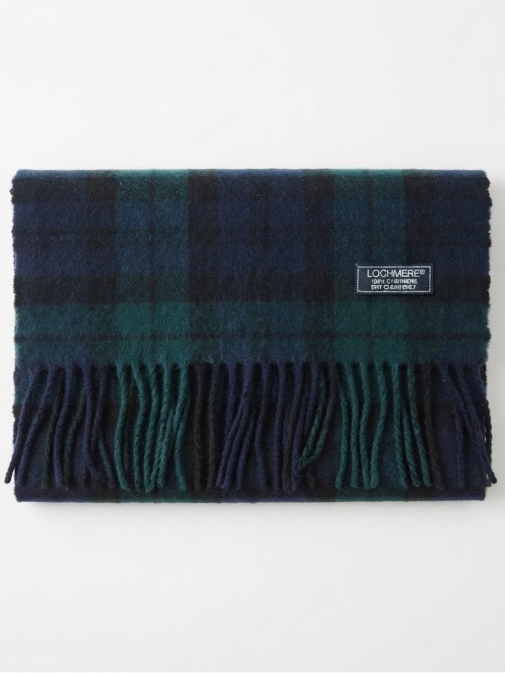 Lochmere 100% Cashmere Tartan Plaid Scarf - Dark Blue Green Plaid With Fringes